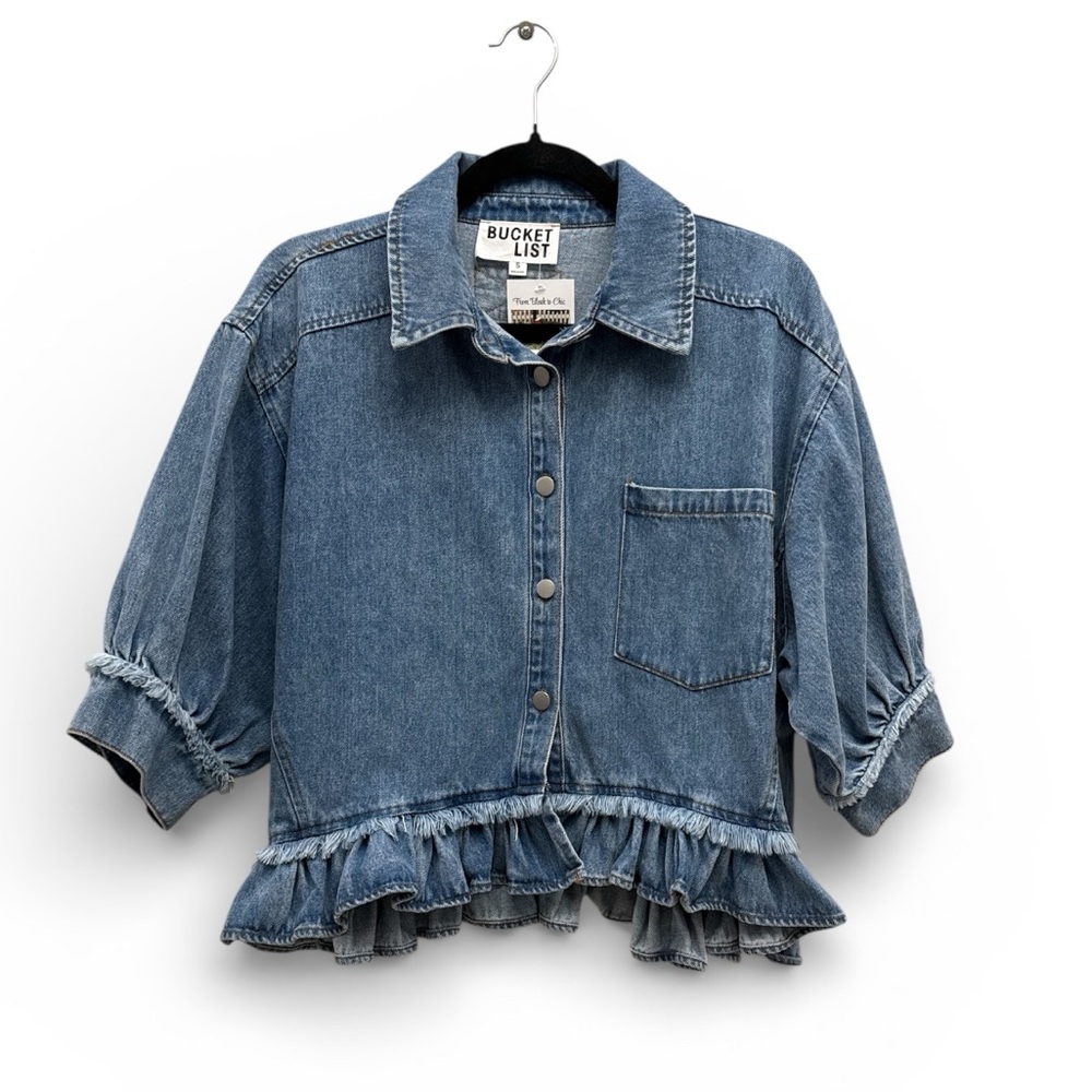 Bucket List Denim Ruffle Jacket Or Top New With Tags